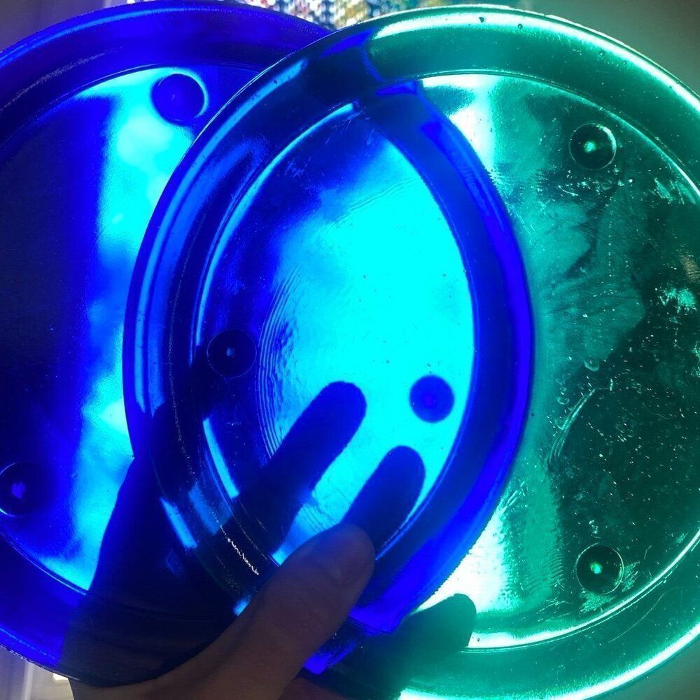 Vintage 90s colored Glass Candle Holder Plates Whimsigoth cobalt green plate lot